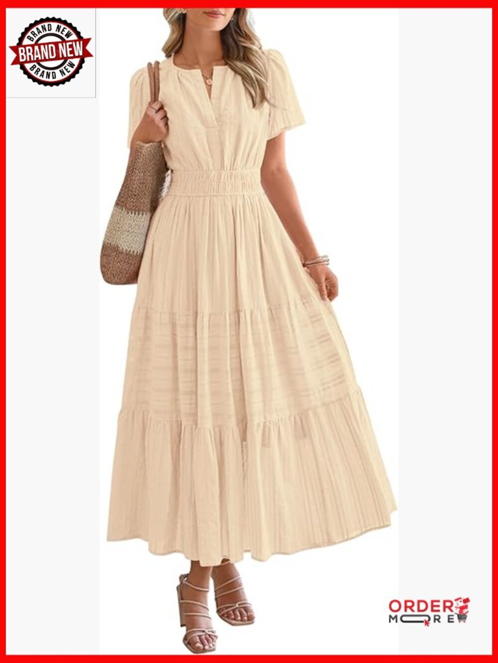 Womens Casual Midi Maxi Dress Lightweight Short Sleeve V Neck Elastic Waist